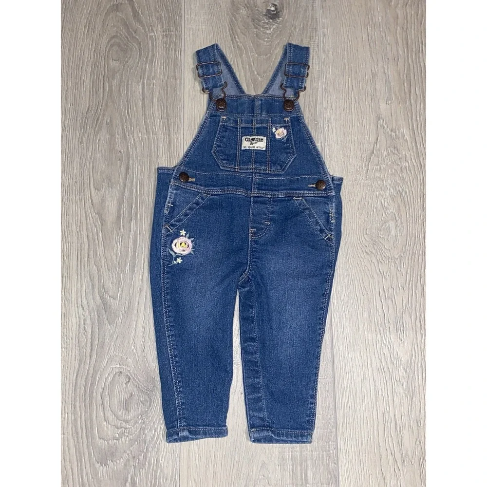 Oshkosh girls denim and embroidered Flowers Overalls Vestback‎ size 6 M